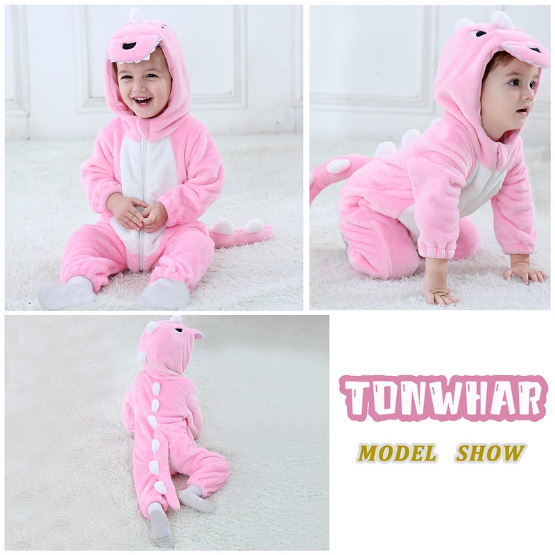 TONWHAR Kids' And Toddlers' Infant Tiger Dinosaur Animal Fancy Dress Costume Outfit Hooded Romper Jumpsuit (2-3 Months/Height:21"-23",Pink Dinosaur) - Image 4